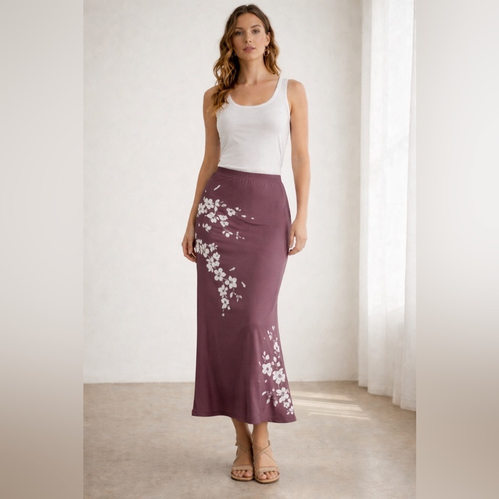NEW SHEIN Mauve Floral Maxi Skirtโ Size XL US 12 Stretchy Pull On